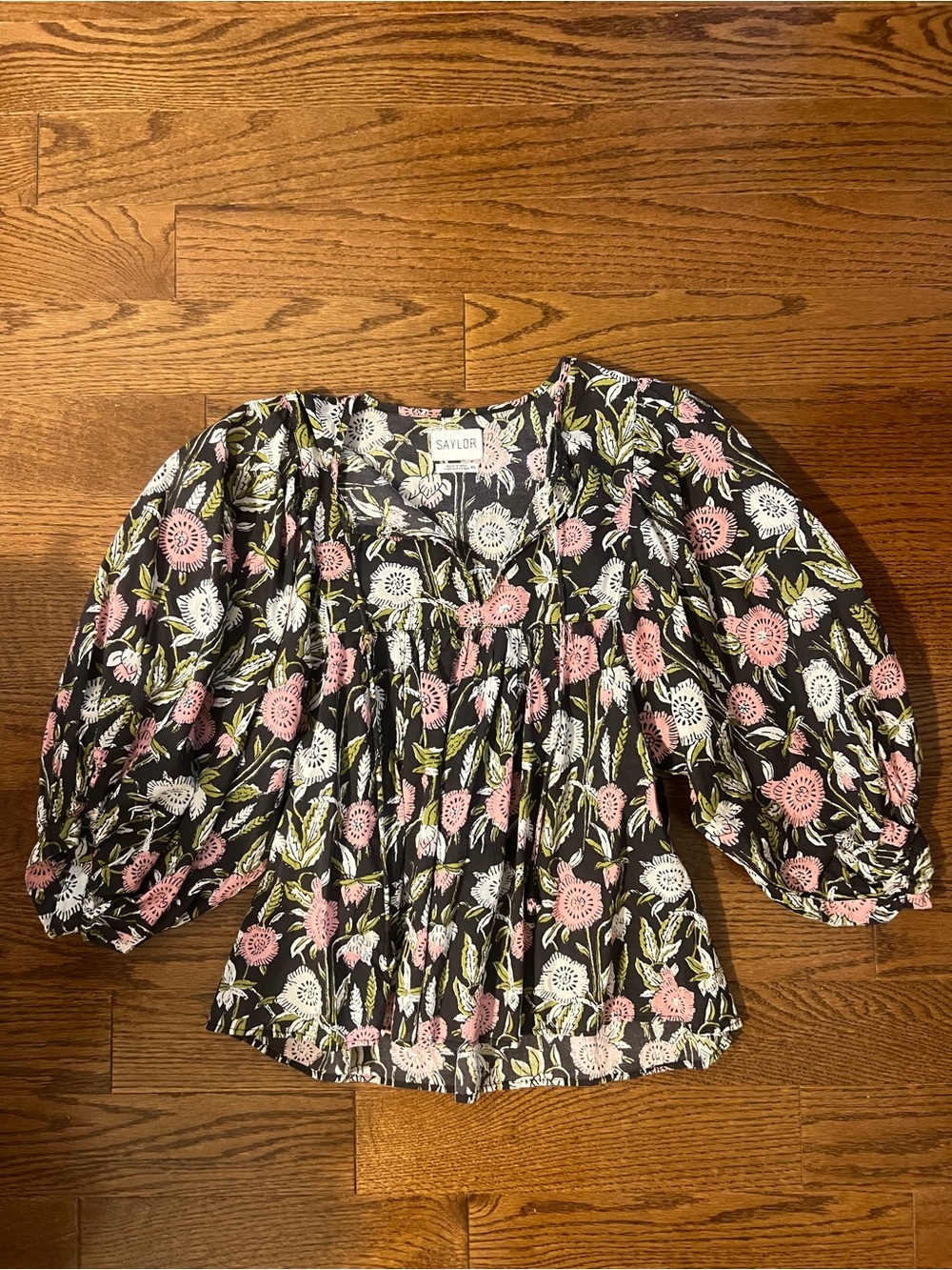 SAYLOR Black Floral Puff-Sleeve Blouse with Pink & White Flowers